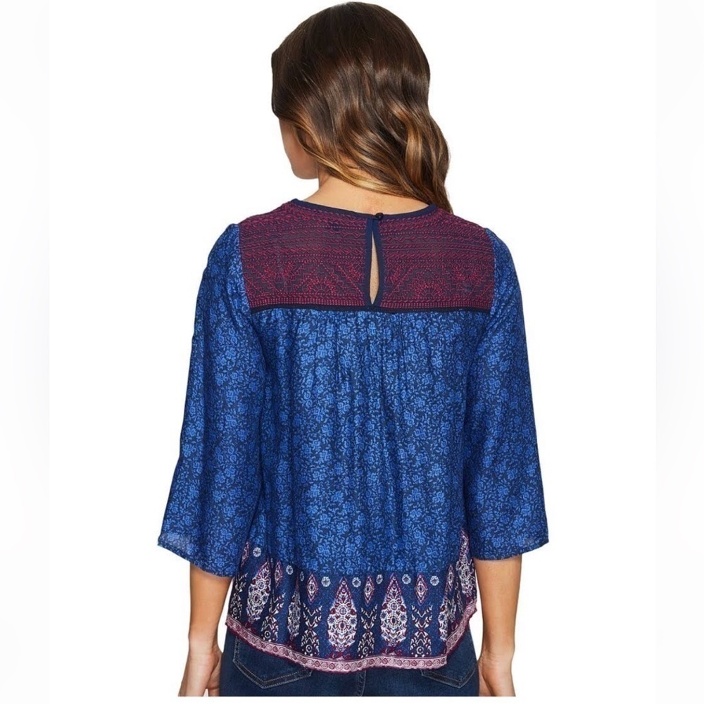 Lucky Brand 2X Border Print Peasant Top Lace Blue Swing - Picture 2 of 9